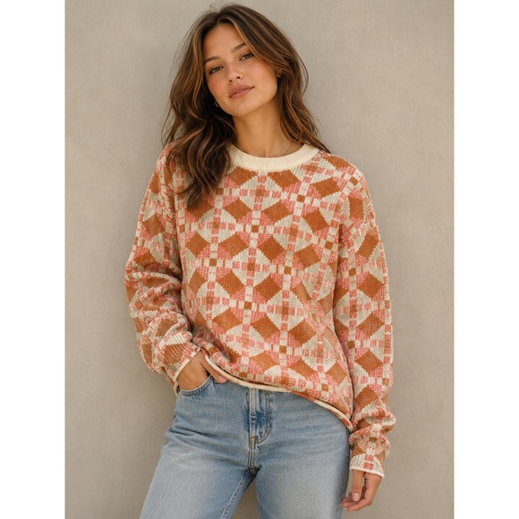 Free People Sweaters - Free People Beach Geometric Diamond Knit Sweater Orange Cream XS OB1399451 |N1